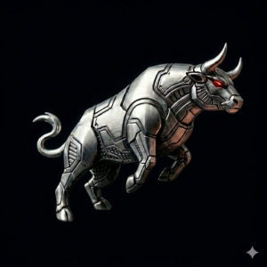 Metallic robotic bull charging forward with red eyes and armored plating on a transparent background